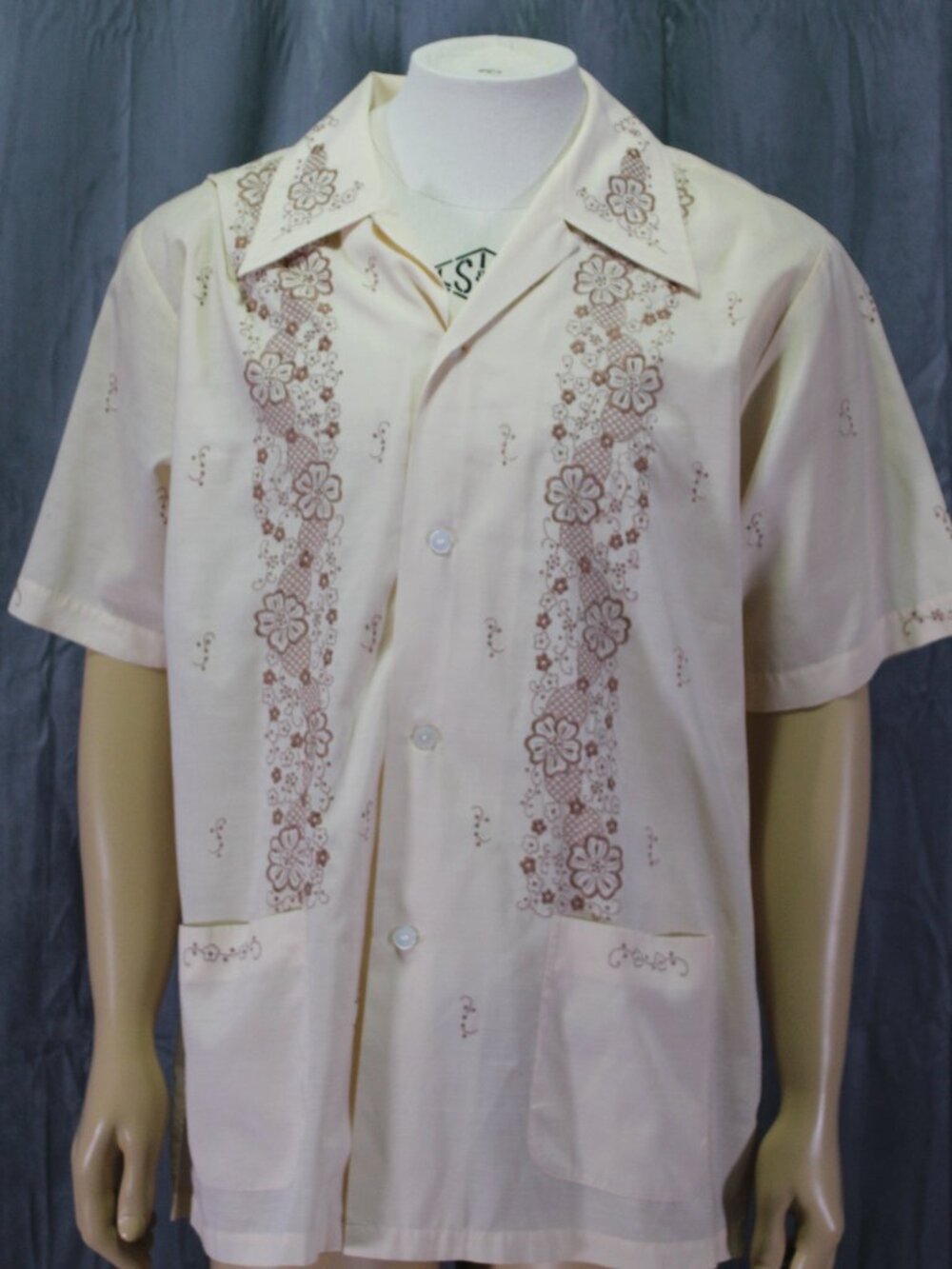 Vintage Button Down Shirt - Hand Stitched Floral Pattern - Men's Extra-Large